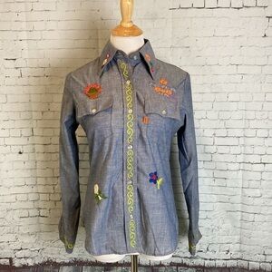Levi’s Embroidered Chambray Shirt Vintage 70s S Western Cowboy Rockabilly Hippie